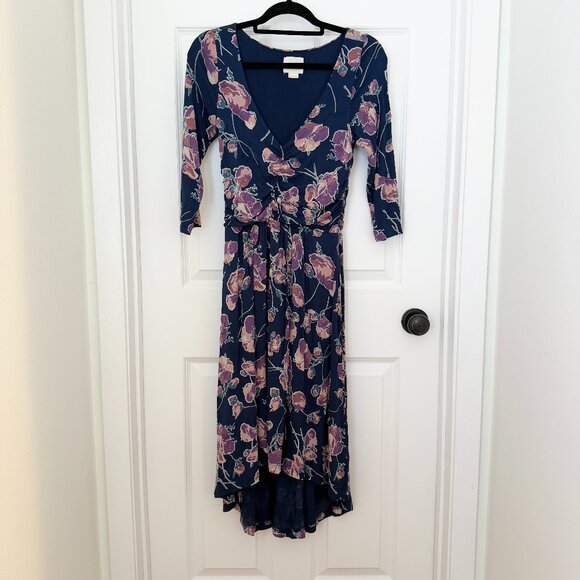 Women Anthropologie Maeve Heppel Ruched Midi Dress in Dark Blue Size Medium - Picture 2 of 10